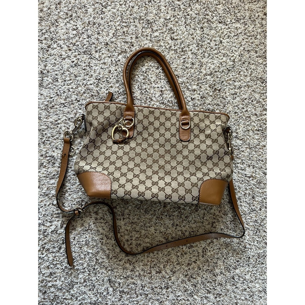 Authentic GUCCI Heart Bit 2Way Tote Bag GG Canvas Leather 269957 Tan Brown